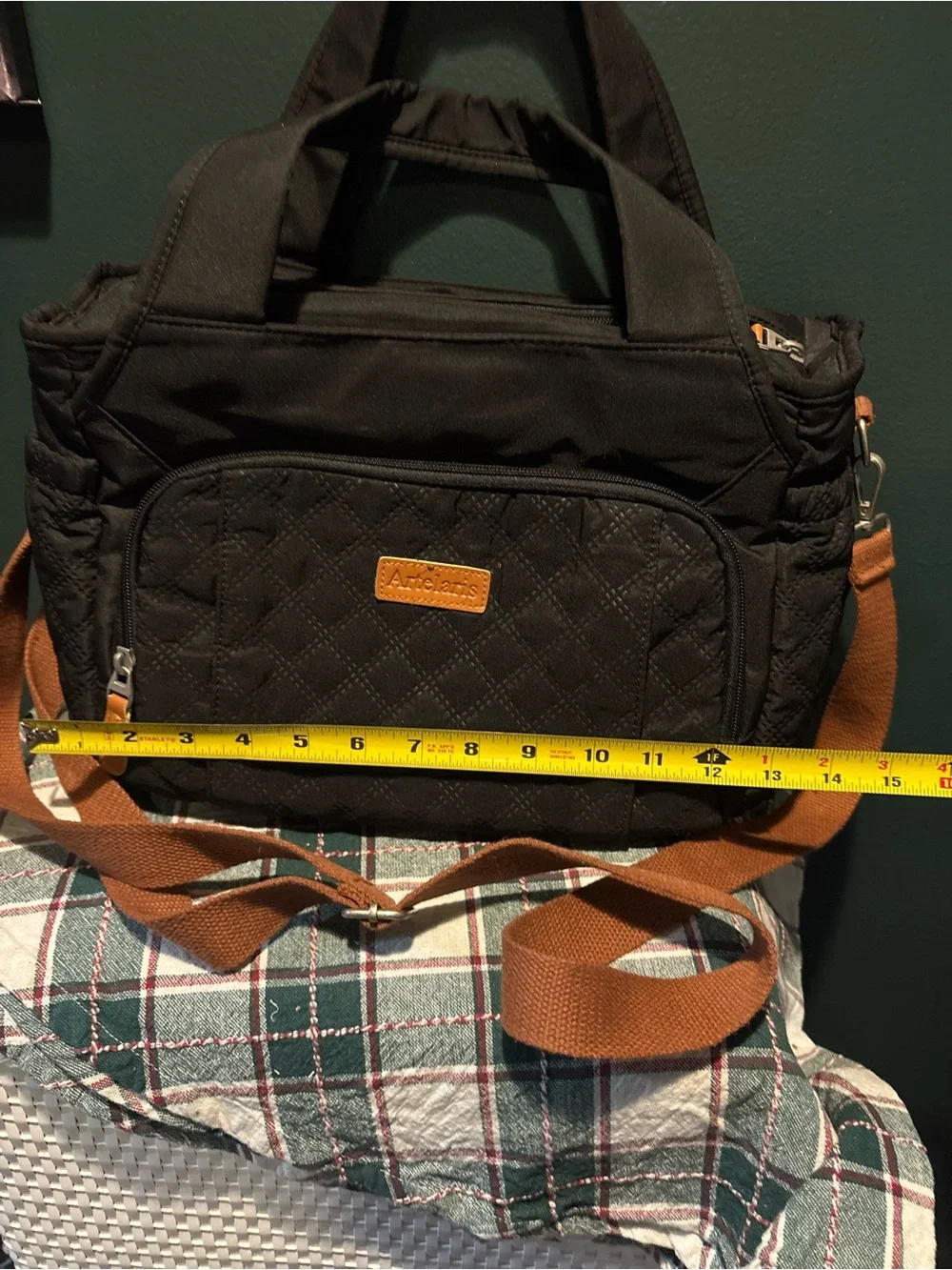 Black Quilted Insulated Lunch Bag with Brown Adjustable Strap 7 pockets